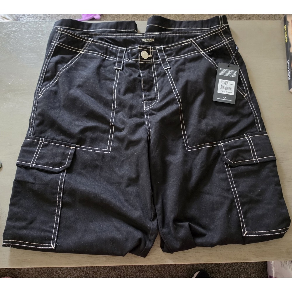 NWT True Religion VTG Distressed Military Army Cargo Pocket Pants Black Men
